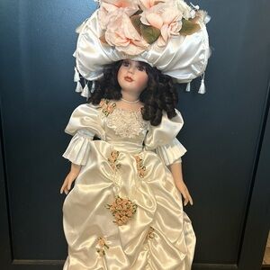 Elegant Cream Porcelain Doll‎ with Floral Hat